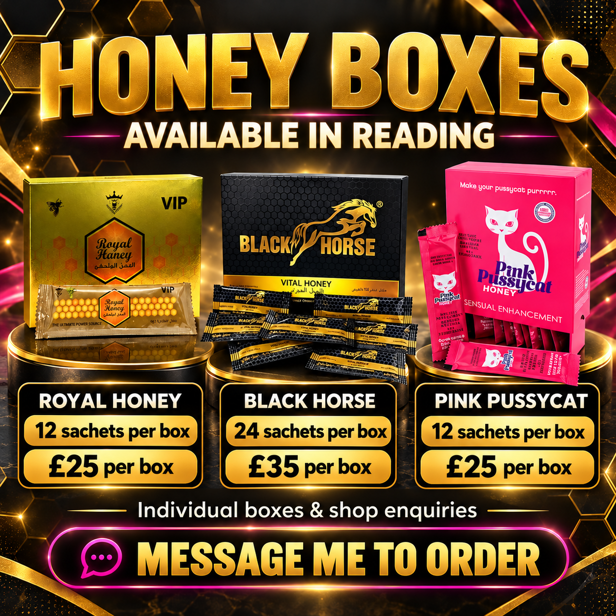 Honey boxes available in Reading — Royal Honey, Black Horse and Pink Pussycat